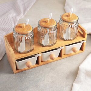 Набор банок керамических для сыпучих продуктов с ложками на деревянной подставке 'Эстет'6 предметов 3 банки с ложками