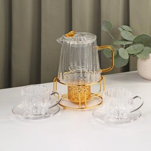 Набор чайный из стекла 'Блаженство'6 предметов чайник 600 мл, чаша 150 мл, блюдце d12см, подставка 12x6,5 см