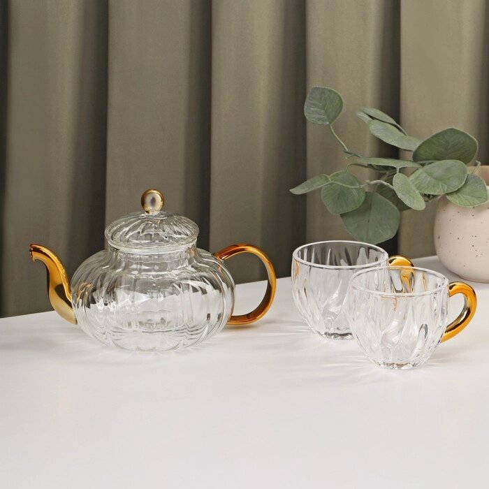 Набор чайный из стекла 'Диана в золотом', 3 предмета чайник 550 м, 2 кружки 150 мл от компании Интернет-магазин "Flap" - фото 1