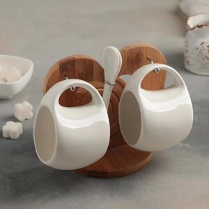Набор чайный керамический на деревянной подставке 'Эстет'6 предметов 2 чашки 200 мл, 2 подставки 9,5 см, 2 ложки,