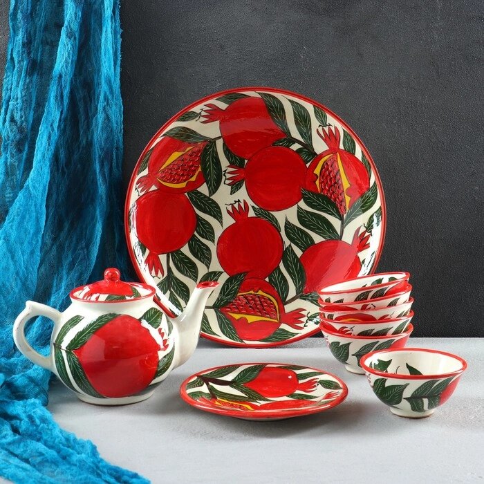 Набор чайный Риштанская керамика 'Гранат', 9 предметов (Чайник-0,8л, пиалы-0,5/0,3л) от компании Интернет-магазин "Flap" - фото 1