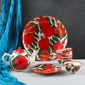 Набор чайный Риштанская керамика 'Гранат'9 предметов (Чайник-0,8л, пиалы-0,5/0,3л)