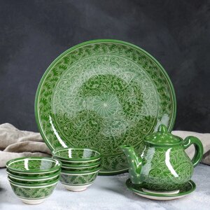 Набор чайный, риштанская роспись, 9 предметов, зелёный чайник 0.8 л, пиалы 0.3 л