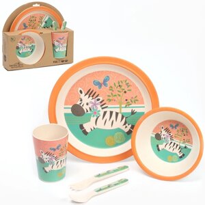 Набор детской бамбуковой посуды 'Зебра'тарелка, миска, стакан, приборы, 5 предметов