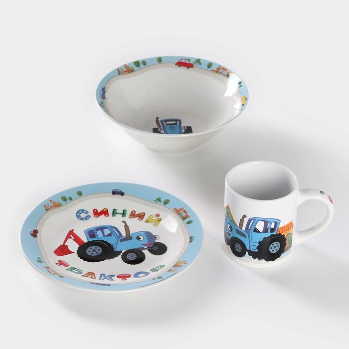 Набор детской посуды из керамики 'Синий трактор', 3 предмета кружка 240 мл, миска d18 см, тарелка d19 см от компании Интернет-магазин "Flap" - фото 1