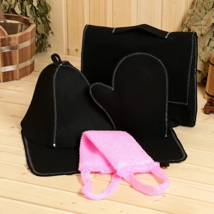 Набор для бани и сауны 5 в 1 (сумка, шапка, варежка, коврик, мочалка), чёрный от компании Интернет-магазин "Flap" - фото 1