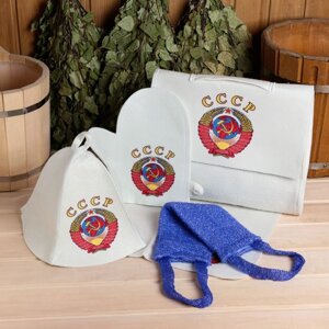 Набор для бани и сауны 5 в 1(сумка, шапка, варежка, коврик, мочалка),с принтом 'СССР'белый