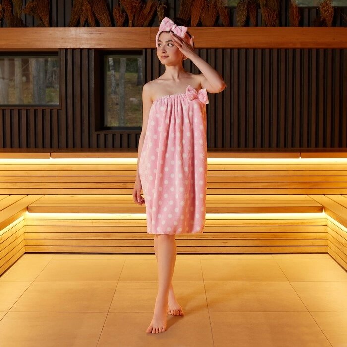Набор для бани и ванной Этель 'Горох' полотенце-парео 75*120 см+повязка, цв. розовый от компании Интернет-магазин "Flap" - фото 1
