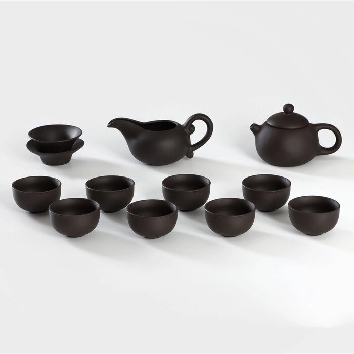 Набор для чайной церемонии керамический 'Глина', 11 предметов 8 пиал 50 мл, чайник, молочник, ступка, цвет коричневый от компании Интернет-магазин "Flap" - фото 1