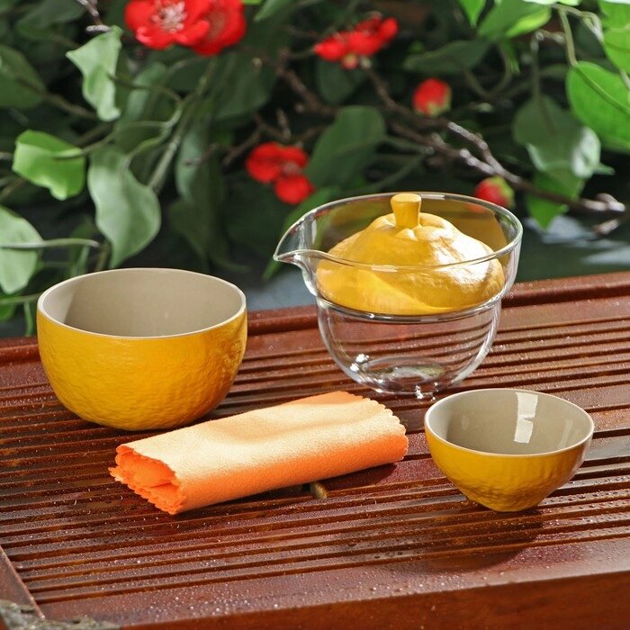 Набор для чайной церемонии керамический 'Лимон', 6 предметов стеклянная чаша с крышкой 210 мл, 2 керамические чаши 40 от компании Интернет-магазин "Flap" - фото 1
