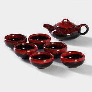 Набор для чайной церемонии керамический 'Лунное озеро'7 предметов 6 пиал 50 мл, чайник 150 мл, цвет красный