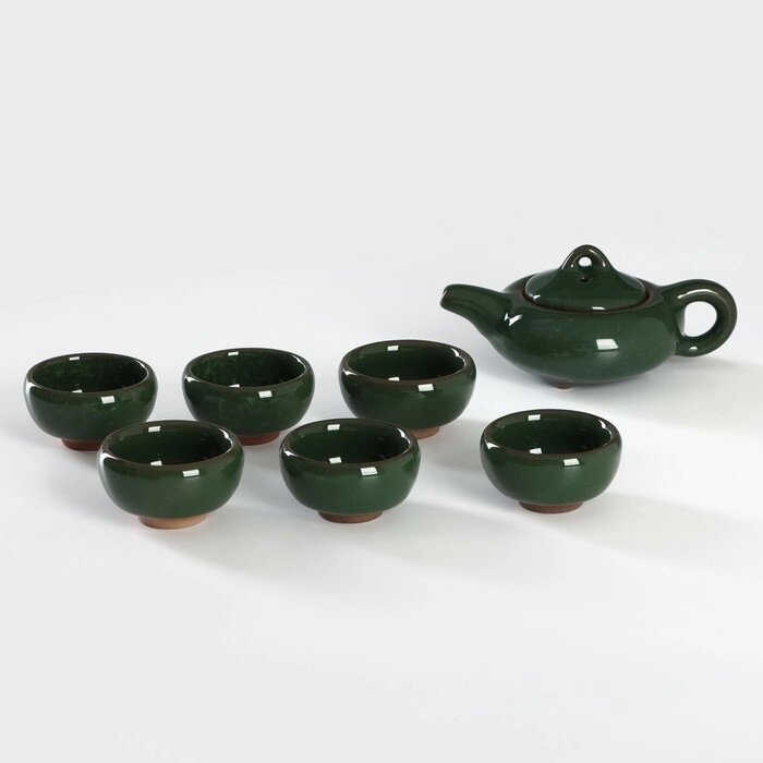Набор для чайной церемонии керамический 'Лунный камень', 7 предметов чайник 150 мл, 6 пиал 50 мл, цвет зелёный от компании Интернет-магазин "Flap" - фото 1