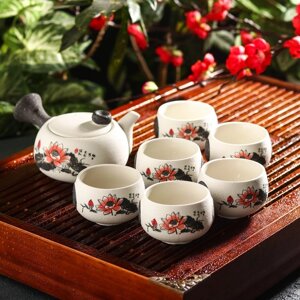Набор для чайной церемонии керамический 'Нежный цветок'7 предметов чайник 180 мл, 6 чашек 70 мл, цвет белый