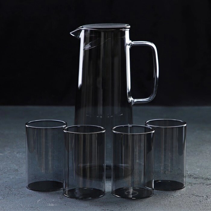 Набор для напитков из стекла Magistro 'Дарк', 5 предметов кувшин 1,35 л, 4 стакана 320 мл, цвет тёмно-серый от компании Интернет-магазин "Flap" - фото 1