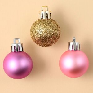 Набор ёлочных шаров, d-3 см, 6 шт, пластик, цвета розовый и золотой