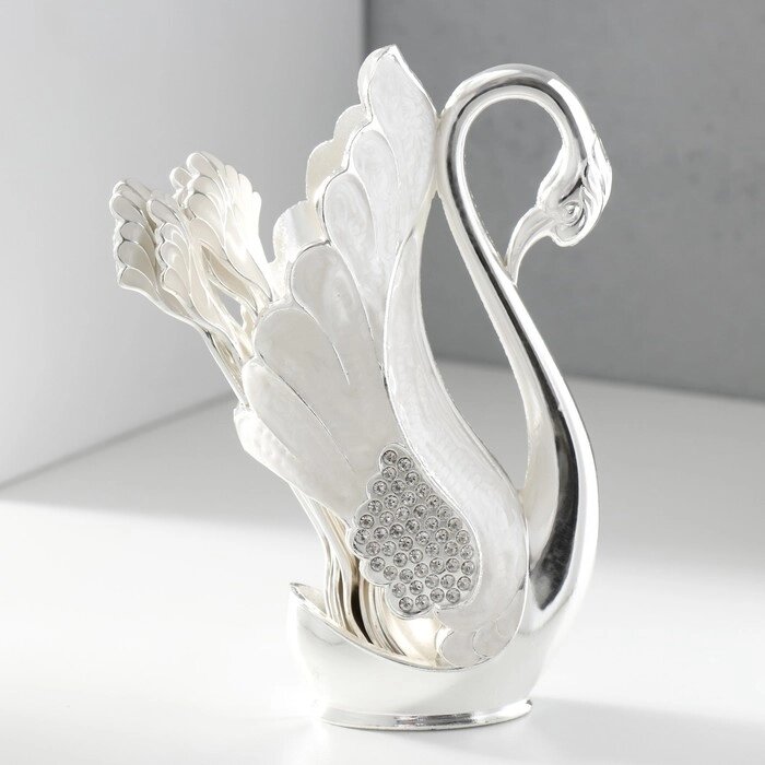 Набор из 6 шт сувенирных ложек в виде пера 'Белый лебедь со стразами' 5х8,5х15 см от компании Интернет-магазин "Flap" - фото 1