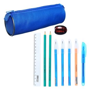 Набор канцелярский 10 предметов (Пенал-тубус 65 х 210 мм, ручки 4 штуки цвет синий , линейка 15 см, точилка, карандаш 2