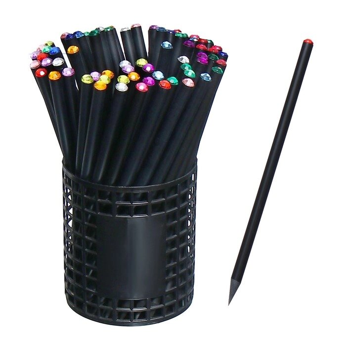 Набор карандашей чернографитных 72 штуки, НВ корпус черный заточенный со стразой от компании Интернет-магазин "Flap" - фото 1
