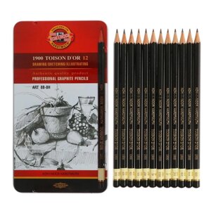Набор карандашей чернографитных разной твердости 12 штук Koh-I-Noor TOISON DOR 1902 ART 8B-8H, металлический пенал