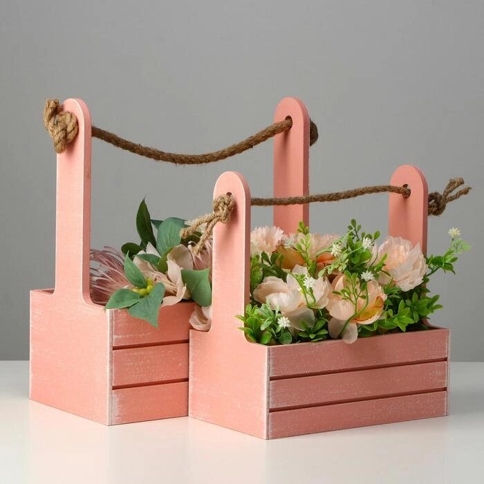 Набор кашпо деревянных 2 в 1 (25.5x15x30 20x12x23) 'Прованс', розовый от компании Интернет-магазин "Flap" - фото 1