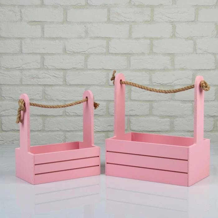 Набор кашпо деревянных 2 в 1 (25x15x30 21x12x23 см) 'Dear', ручка канат, розовый от компании Интернет-магазин "Flap" - фото 1