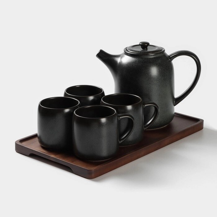 Набор керамический чайный Loft, 6 предметов чайник 1 л, 4 кружки 250 мл, поднос 33x20 см, цвет чёрный от компании Интернет-магазин "Flap" - фото 1