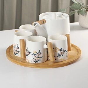 Набор керамический чайный 'Сакура'6 предметов 4 кружки 250 мл, чайник 1 л, поднос d29 см, цвет белый