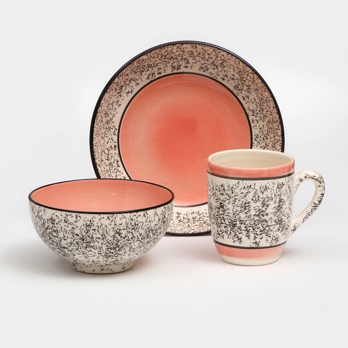 Набор керамической посуды 'Алладин', 3 предмета салатник 700 мл, тарелка 20 см, кружка 350 мл, розовый, 1 сорт, Иран от компании Интернет-магазин "Flap" - фото 1