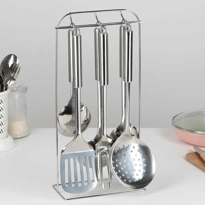 Набор кухонных принадлежностей 'Металлик', 6 предметов, на подставке от компании Интернет-магазин "Flap" - фото 1
