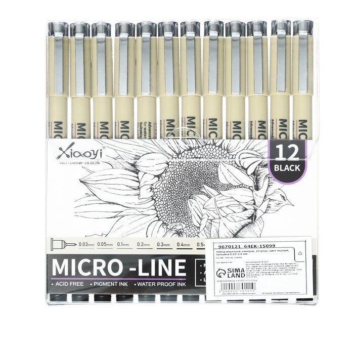 Набор маркеров-линеров, 12 штук, цвет черный, толщина 0.03-3.0 мм от компании Интернет-магазин "Flap" - фото 1