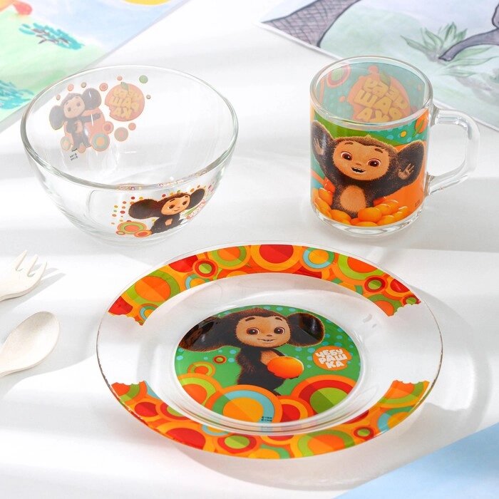 Набор посуды 'Чебурашка', 3 предмета тарелка, миска, кружка, в подарочной упаковке, стекло от компании Интернет-магазин "Flap" - фото 1