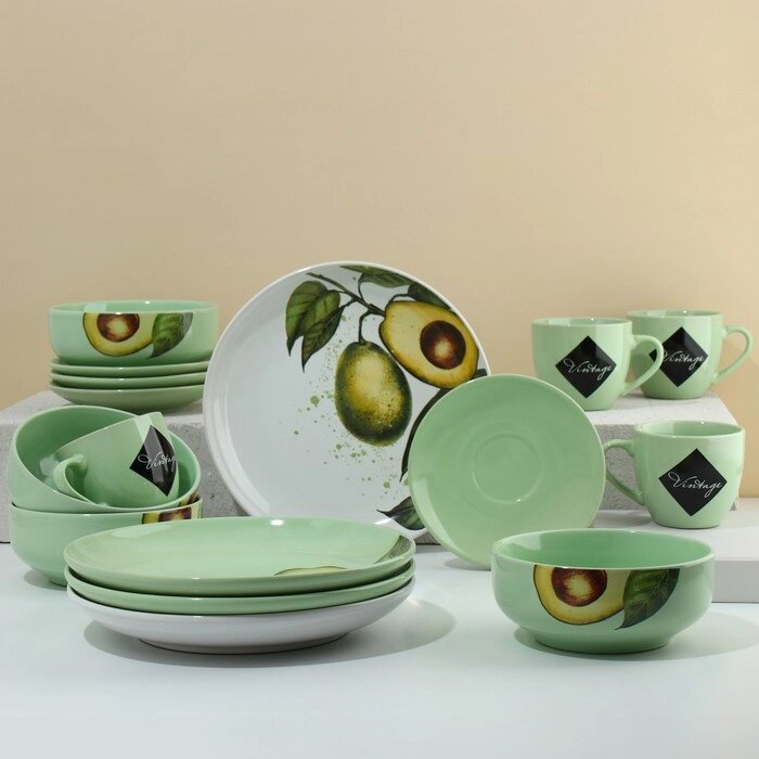 Набор посуды из керамики на 4 персоны 'Авокадо', 16 предметов 4 тарелки 23 см, 4 миски 14.5 см, 4 кружки 250 мл, 4 от компании Интернет-магазин "Flap" - фото 1