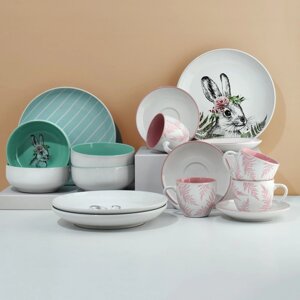 Набор посуды на 4 персоны 'Лесные персонажи'16 предметов 4 тарелки 23 см, 4 миски 14.5 см, 4 кружки 250 мл, 4 блюдца