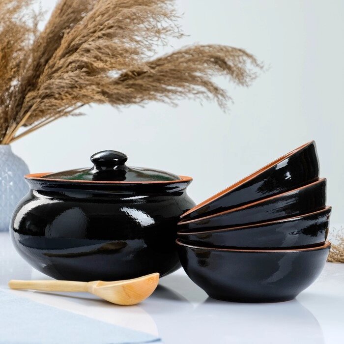 Набор посуды 'Вятская керамика' 2,5л + 4х0,5л + ложка, черный от компании Интернет-магазин "Flap" - фото 1