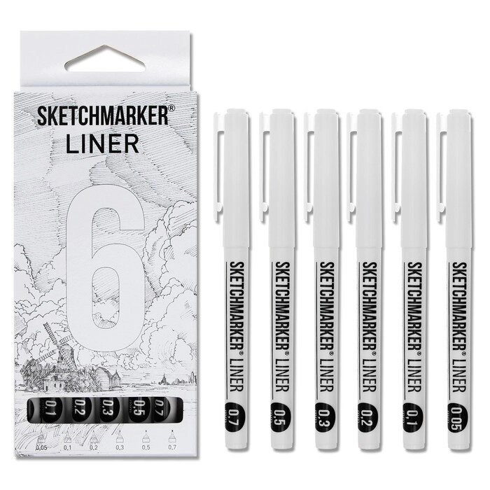 Набор ручек капиллярных Sketchmarker, 6 штук 0.05, 0.1, 0.2, 0.3, 0.5, 0.7, черный от компании Интернет-магазин "Flap" - фото 1