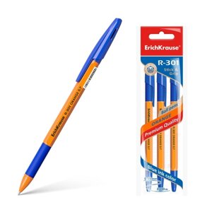 Набор ручек шариковых 3 штуки ErichKrause R-301 Orange Stick Grip, узел 0.7 мм, чернила синие, резиновый упор, длина