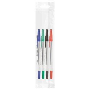 Набор ручек шариковых 4 цвета СТАММ '511'узел 1.0 мм, чернила синие, красные, зелёные, чёрные, европодвес (комплект