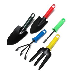 Набор садового инструмента, 5 предметов 2 совка, рыхлитель, вилка, корнеудалитель, длина 27 см, пластиковые ручки, цвет