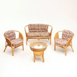 Набор садовой мебели Bahama Wicker 2 кресла, диван, стол, ротанг светлый, подушки с узором