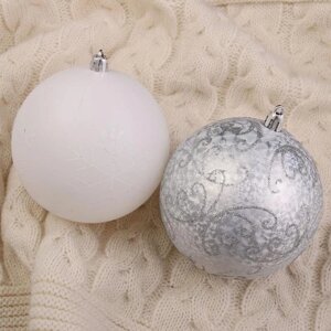 Набор шаров пластик d-10 см, 4 шт 'Морозные узоры' серебро белый