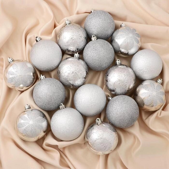 Набор шаров пластик d-8 см, 16 шт 'Зимний шик' серебро от компании Интернет-магазин "Flap" - фото 1