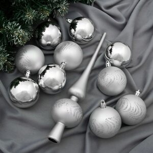 Набор шаров пластик с верхушкой 21 шт 'Изгибы' серебро