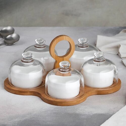 Набор соусников керамический на деревянной подставке 'Эстет'5 предметов, цвет белый
