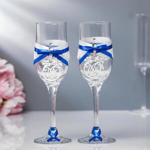 Набор свадебных бокалов 'Романтика'ручной работы, синий-серебро, 6х6х20,5 см