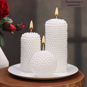 Набор свечей фигурных 'жемчужный'4 в 1), с подсвечником, цилиндры, шар, белый (в коробке)
