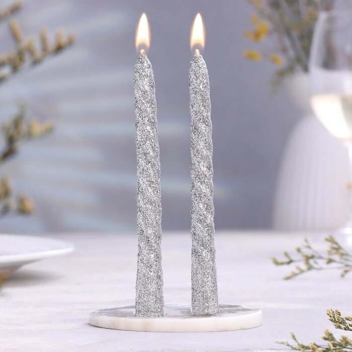 Набор свечей витых, 1,5х 15 см, 2 штуки, блестка, серебро от компании Интернет-магазин "Flap" - фото 1