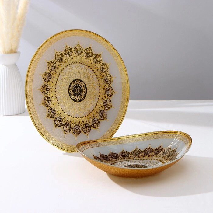 Набор тарелок 'Мехенди', 2 предмета 29*25 см и 33*28 см, цвет бежевый с чёрным и золотым, стекло от компании Интернет-магазин "Flap" - фото 1