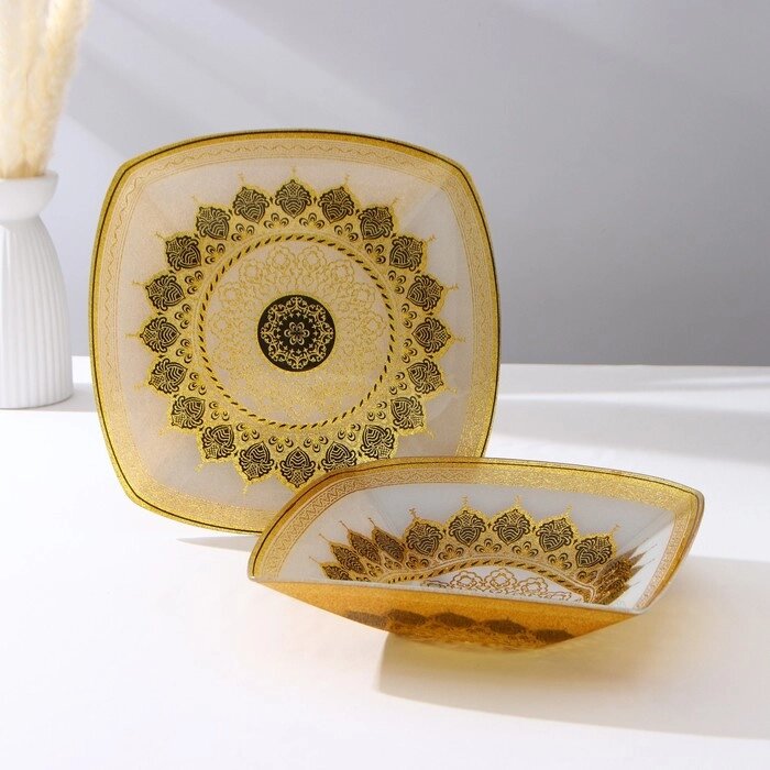 Набор тарелок 'Мехенди', 2 предмета d28.5 см, d30.5 см, цвет бежевый с чёрным и золотым, стекло от компании Интернет-магазин "Flap" - фото 1