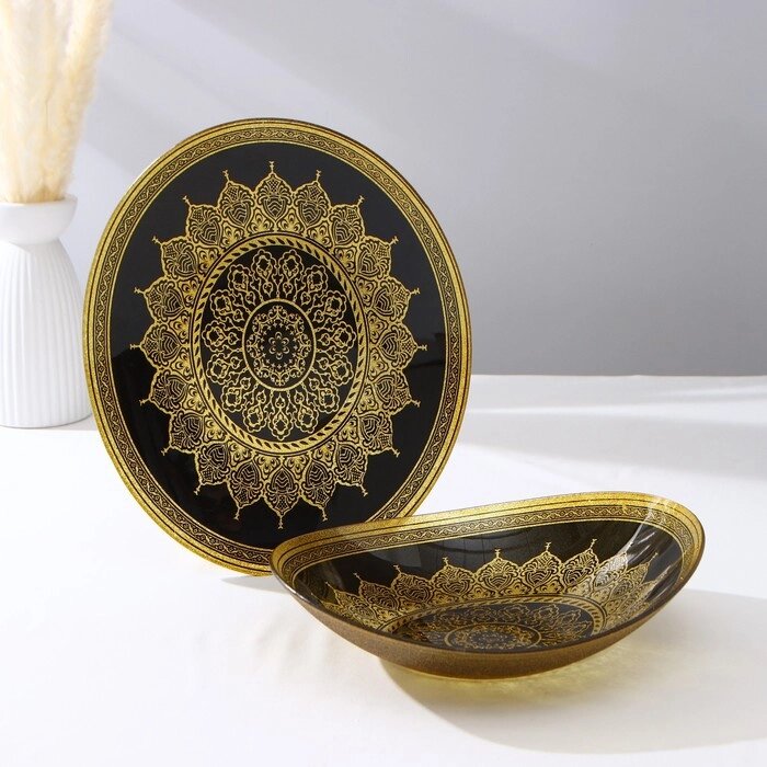 Набор тарелок 'Мехенди', 2 предмета d28,5 см, d30.5 см, цвет золотой с чёрным, стекло от компании Интернет-магазин "Flap" - фото 1