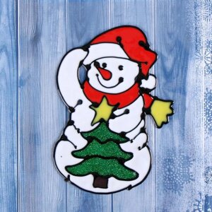 Наклейка на стекло 'Снеговик с нарядной ёлкой' 10х15 см
